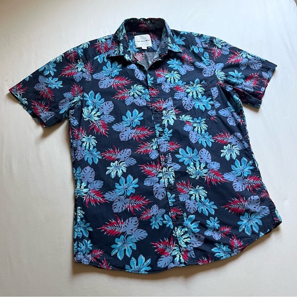THE IDLE MAN navy blue tropical floral leaf print short sleeve button up shirt - Picture 1 of 6